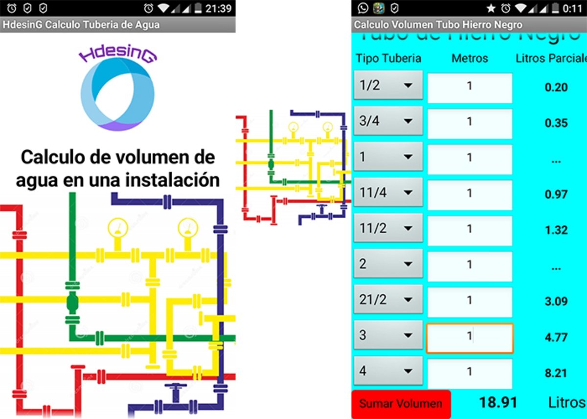 Calcula el volumen del agua en tuberías de cobre y de hierro con Calculo Volumen Agua