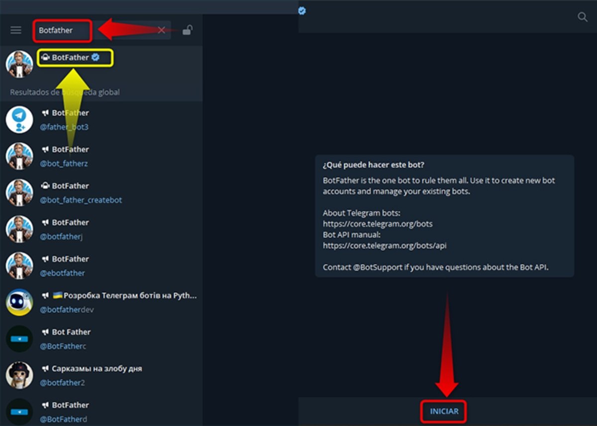 Busca el bot "Botfather" para quitar bots de Telegram