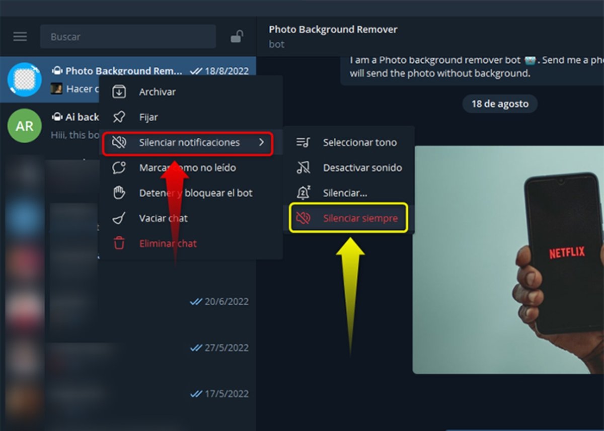 Desactivar notificaciones de los bots de Telegram