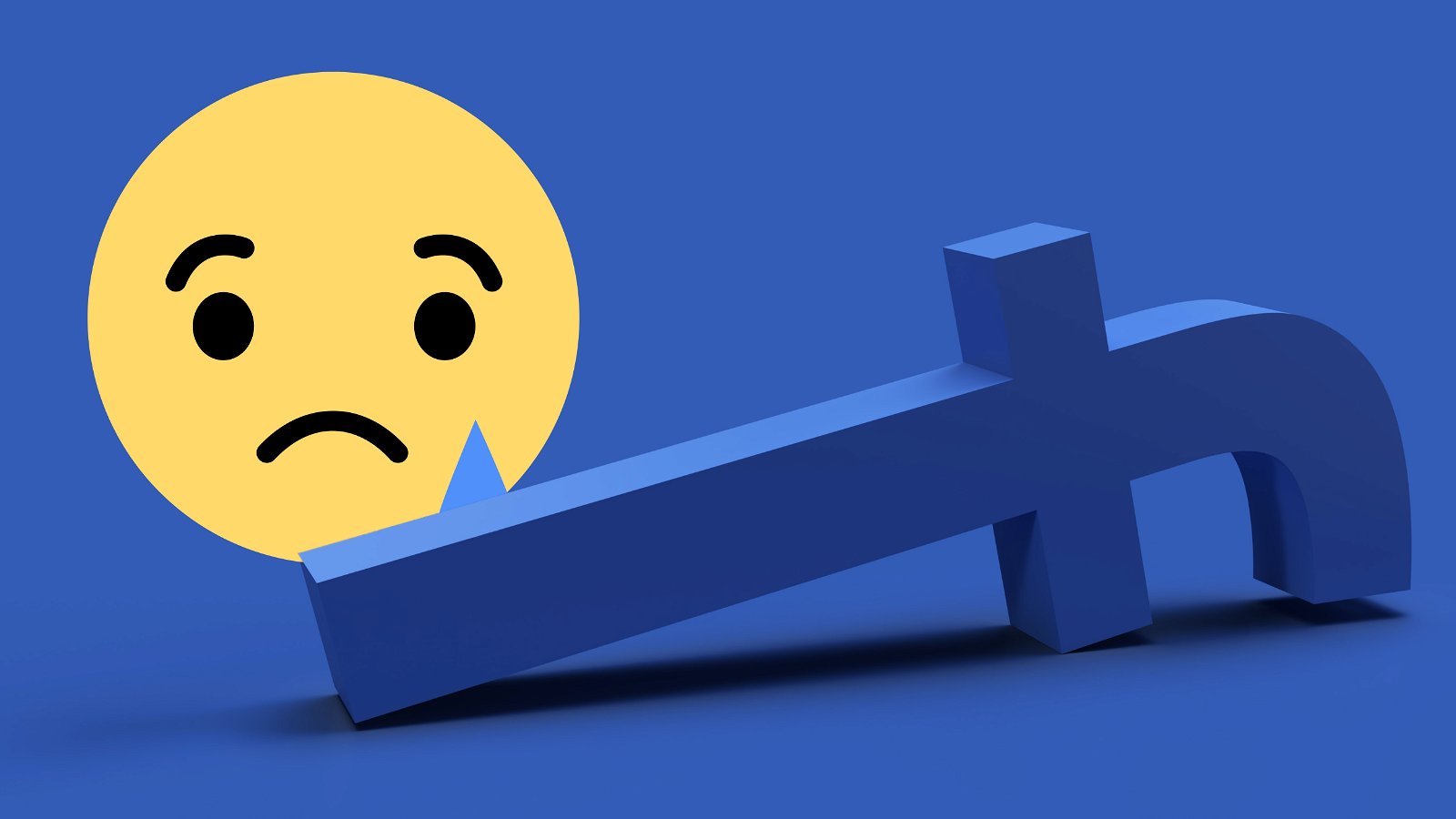 Icono de Facebook caído junto a un emoji con lágrima de fondo