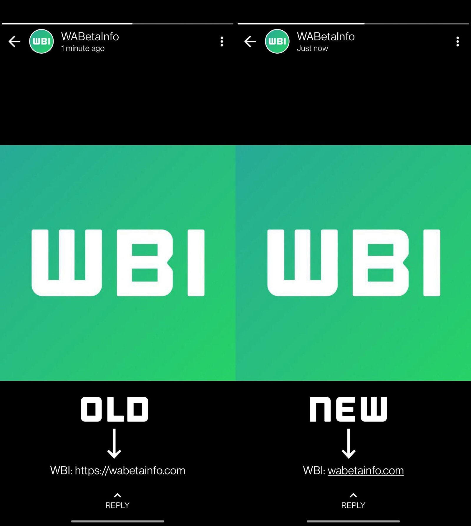 Captura de pantalla de los Estados de WhatsApp, con y sin enlaces en el texto.