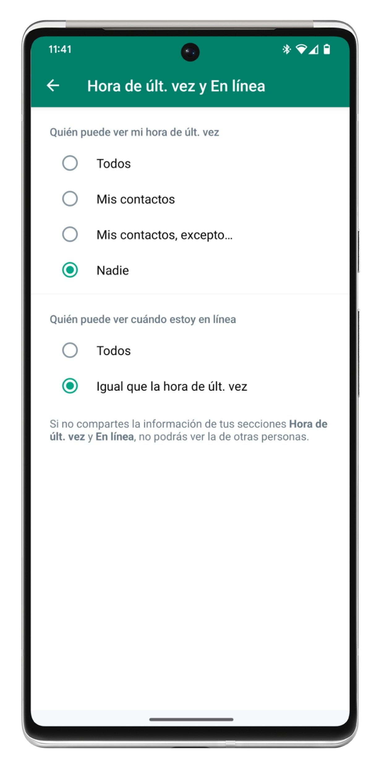 Ocultar la hora de ultima vez en WhatsApp