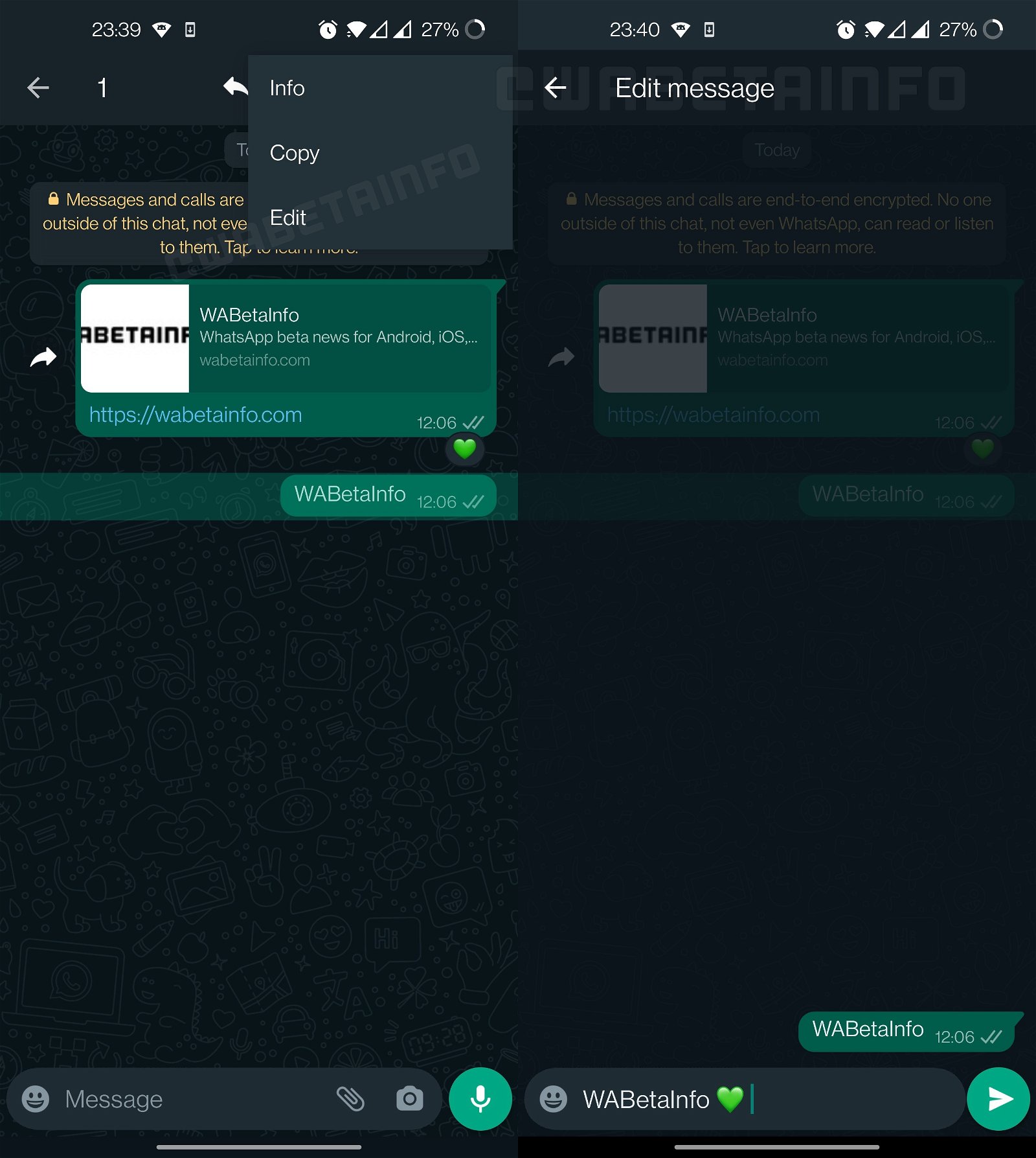 Captura de pantalla de la función de edición de mensajes de WhatsApp.