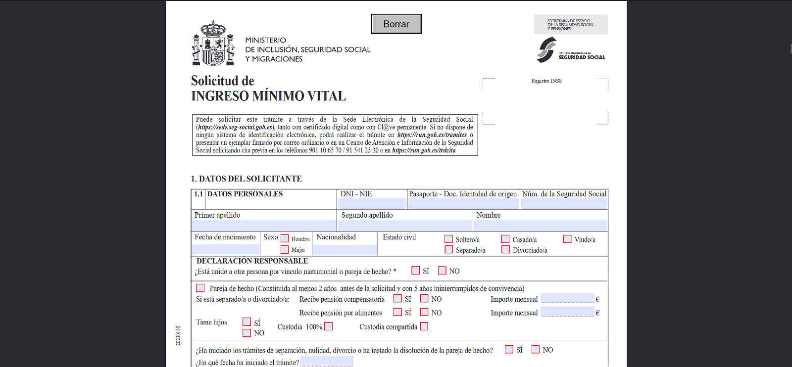 El documento PDF que deberás rellenar para cumplimentar el Ingreso Mínimo Vital