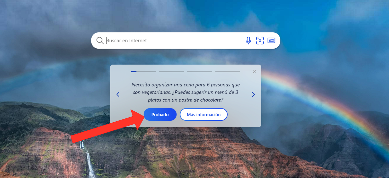 La pantalla de inicio de Bing
