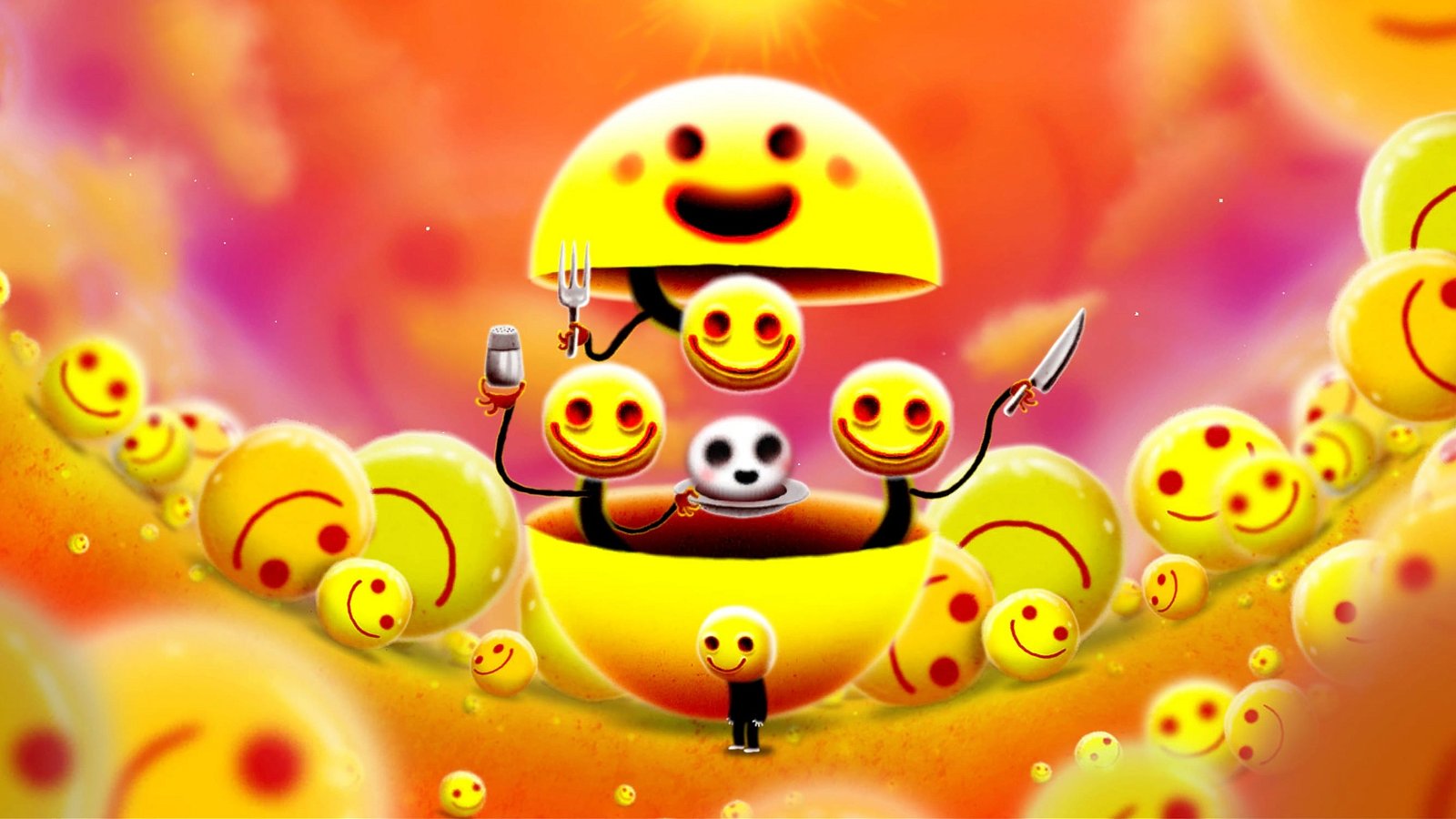 Unos emojis de caras sonrientes aparecen con cuchillos en el juego Happy Game