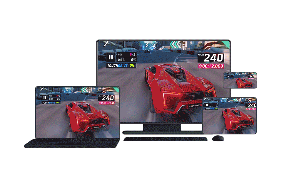 Moving image showing seamless sync across signed-in devices of four varying sizes playing Asphalt 9: Legends