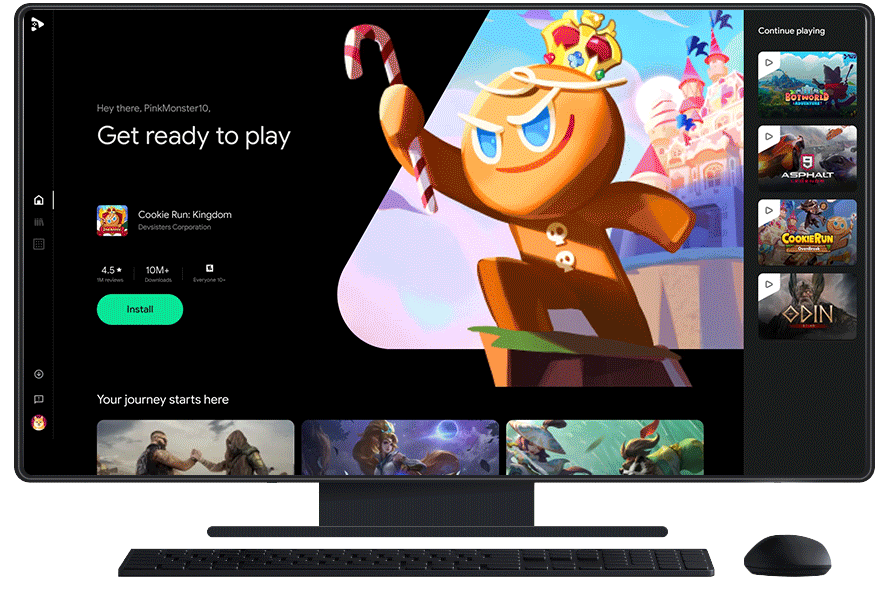 Moving image showing Google play Games home page on a desktop monitor