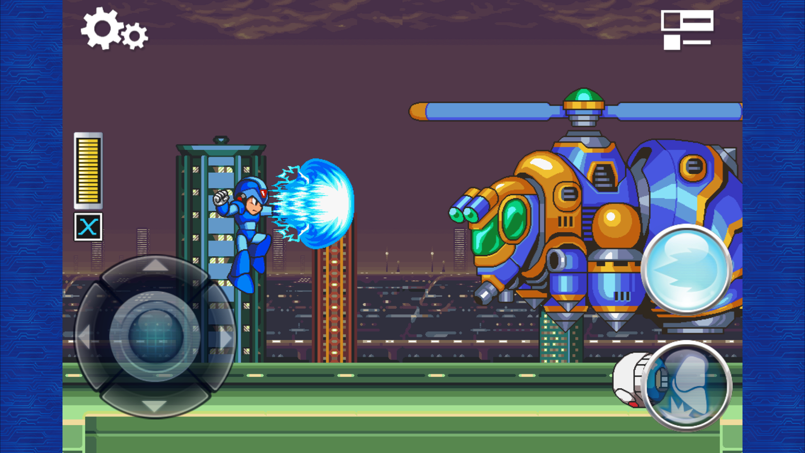 Megaman X, un juego de acción en scroll lateral en el que vemos como está disparando su arma