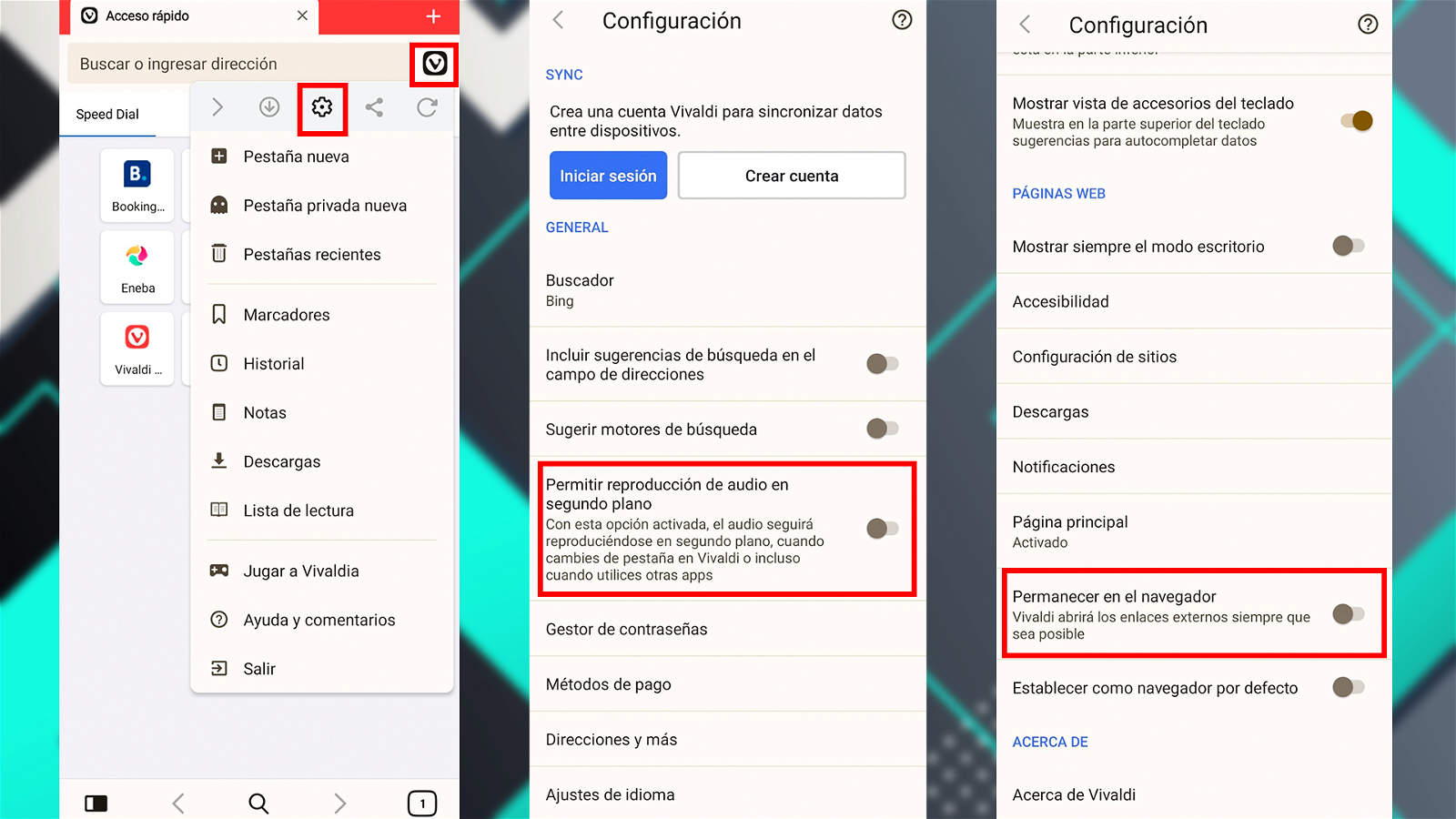 foto descriptiva con los pasos a seguir para tener Vivaldi en segundo plano