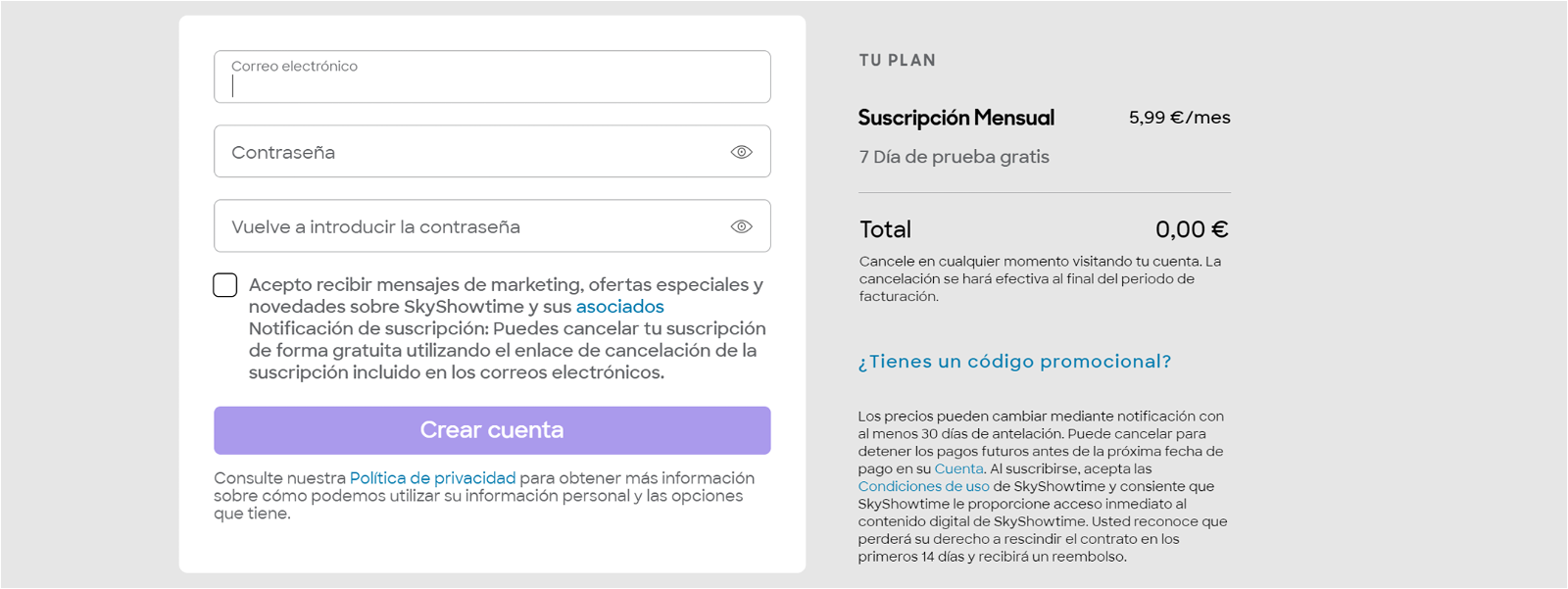 La página para registrarse en Skyshowtime