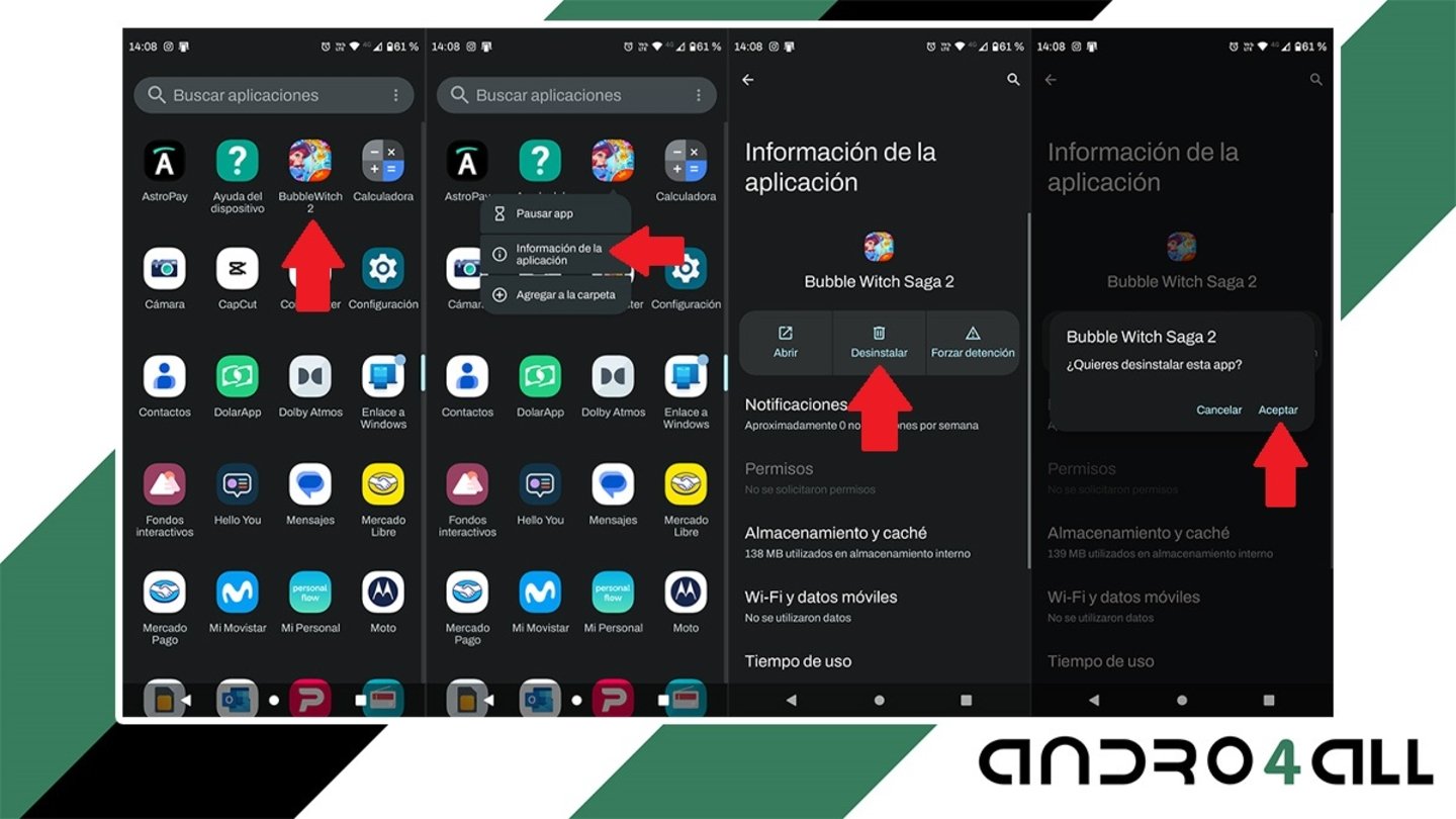 Desinstalar app en Android desde el menu de accesos rapidos