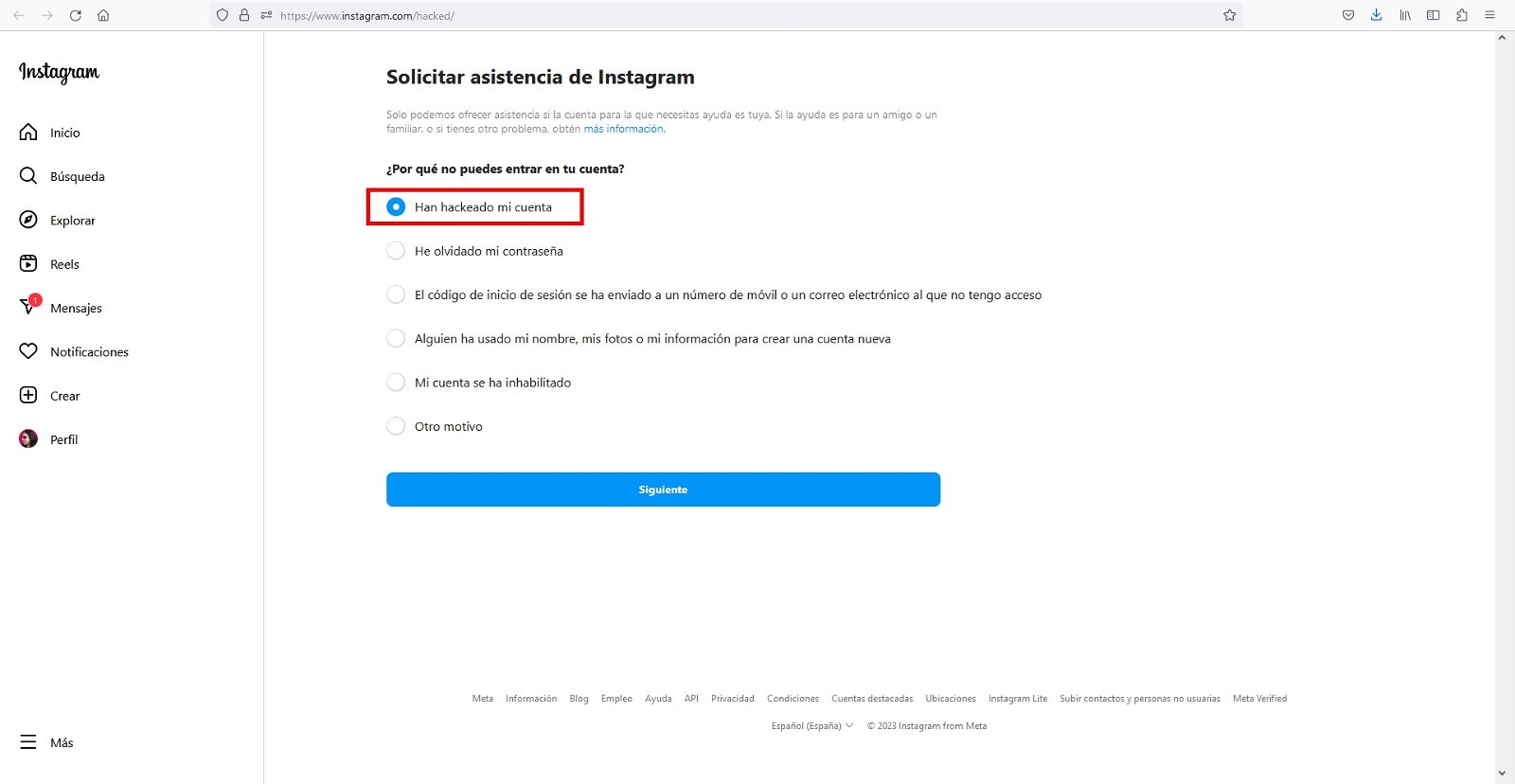 Pulsa en "Han hackeado mi cuenta" para recuperar tu cuenta de Instagram