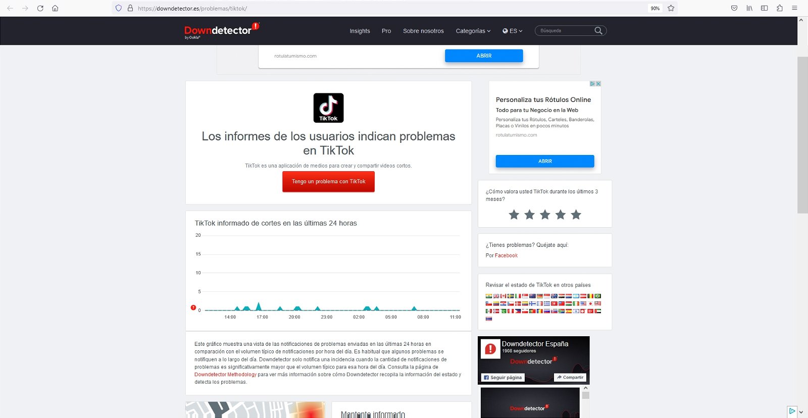 Averiguando si TikTok ha caído por Downdetector