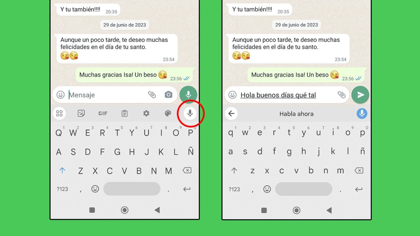 Capturas de WhatsApp activando el dictado de voz