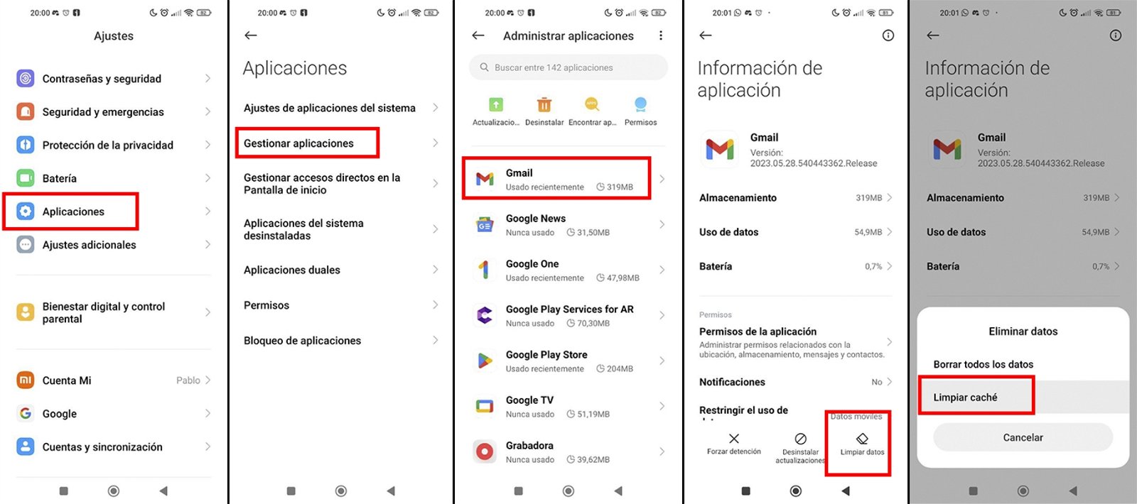 Explicación de cómo eliminar la caché de Gmail en Android