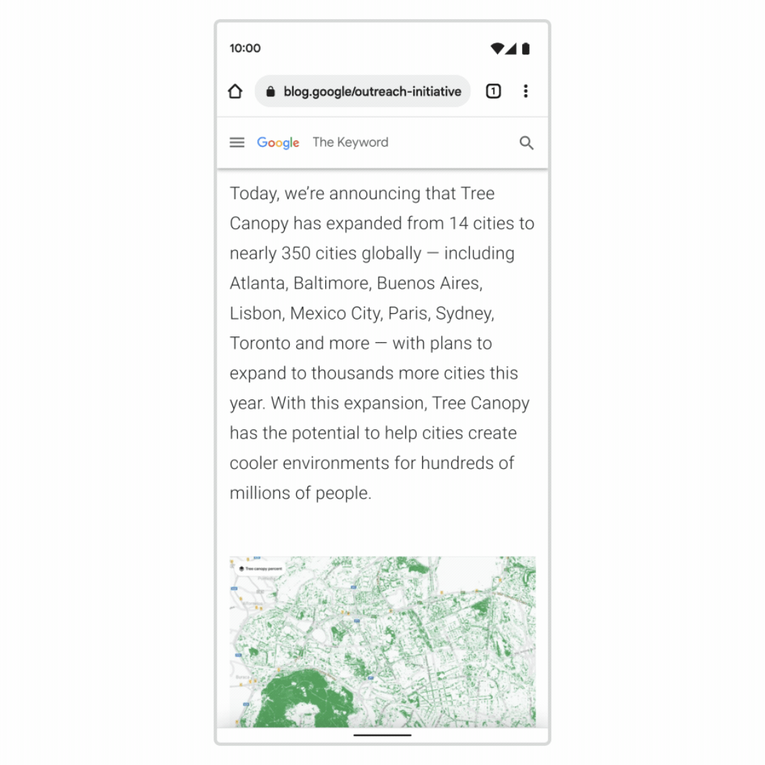 Un blog sobre sostenibilidad enumera los nombres de varias ciudades en Chrome en Android. "Lisboa" se resalta y se mantiene presionado. Aparece un cuadro en la parte inferior de la pantalla con más información sobre Lisboa, incluidas las búsquedas relacionadas "hoteles de Lisboa" y "tour gastronómico de Lisboa".