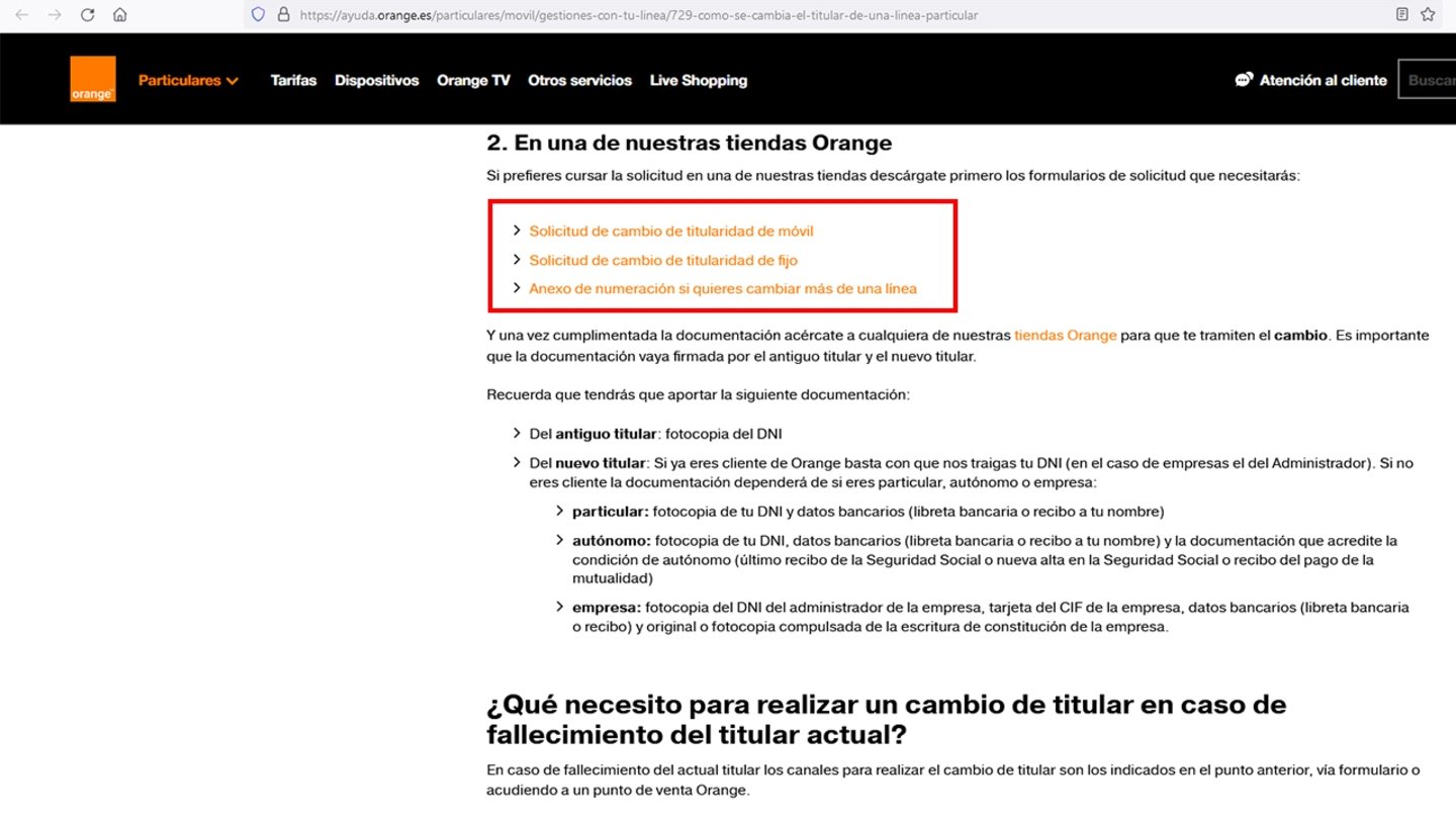 Captura de pantalla de la web de Orange para cambiar el titular de la línea