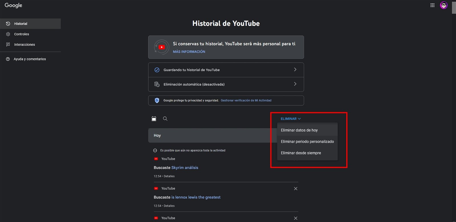 Captura de cómo eliminar el historial de búsquedas de YouTube en ordenador
