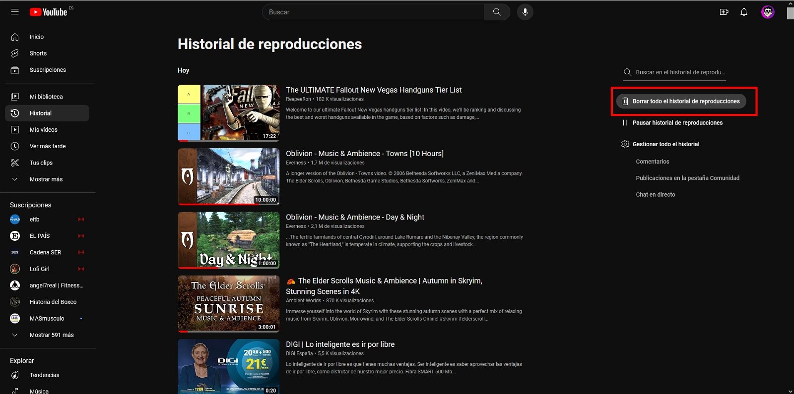 Así puedes borrar todo el historial de YouTube