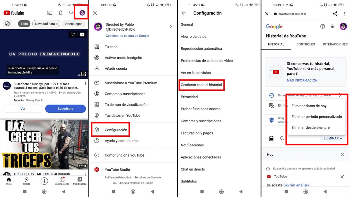 Cómo borrar todo el historial de YouTube de una cuenta