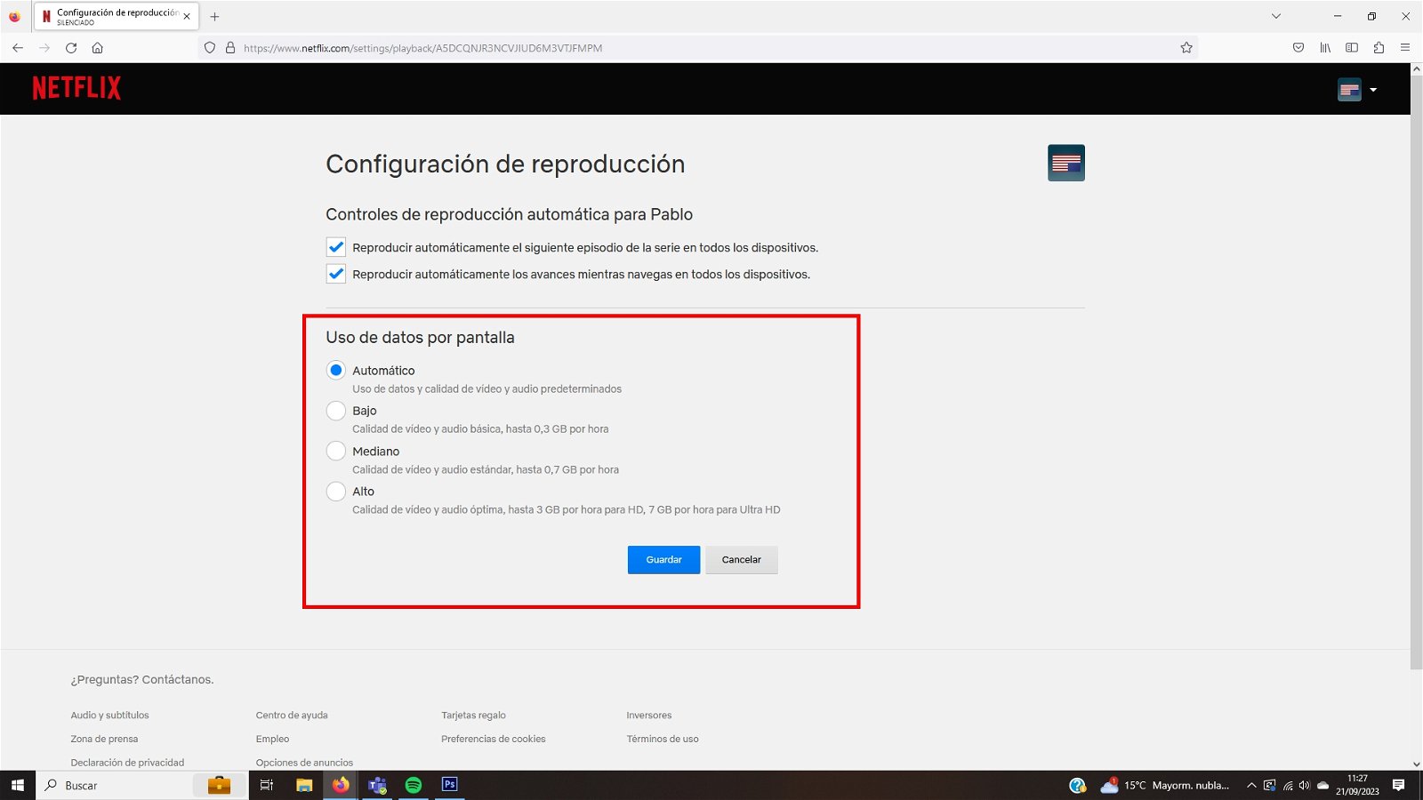 Escoge el uso de datos en Netflix