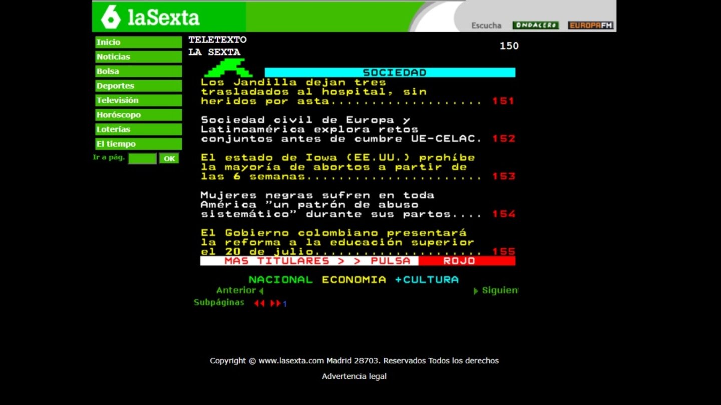 Página online del teletexto de La Sexta