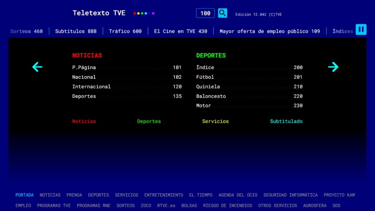 Pantalla de teletexto online de TVE