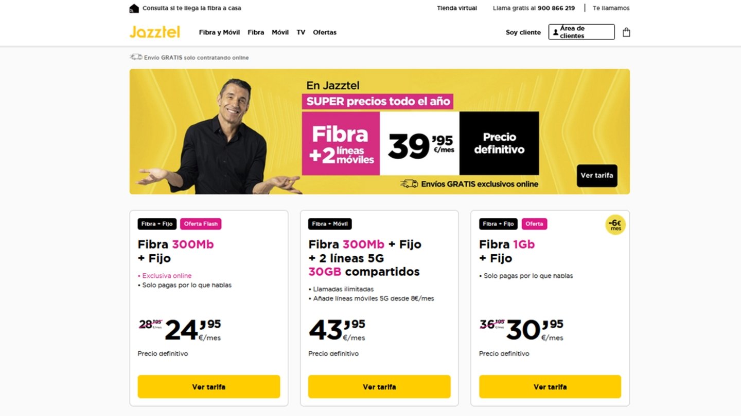 Fibra y 2 líneas móviles por menos de 40 euros: la económica oferta flash que recupera Jazztel