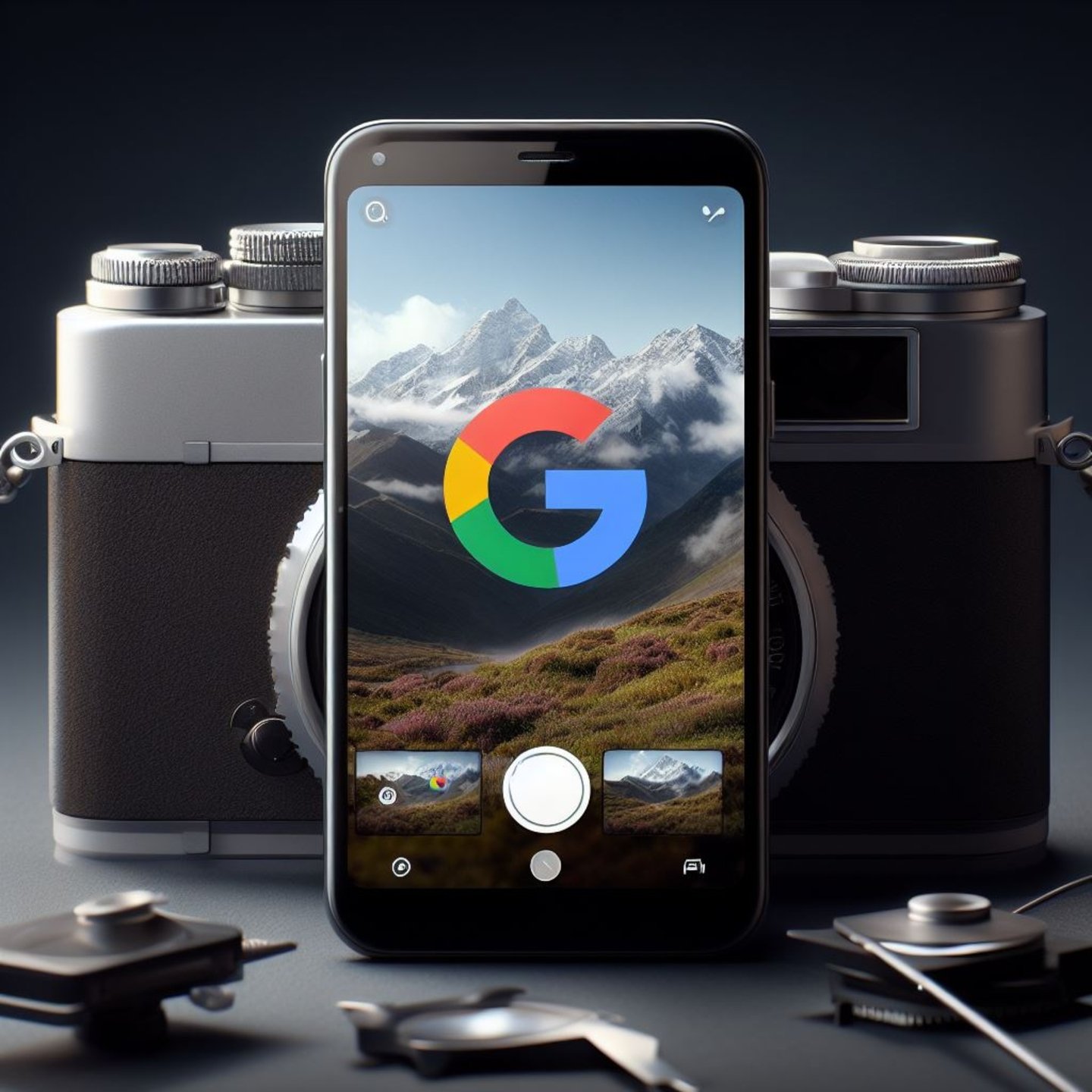 Móvil con Google Fotos en la pantalla sobre una cámara de fotos.