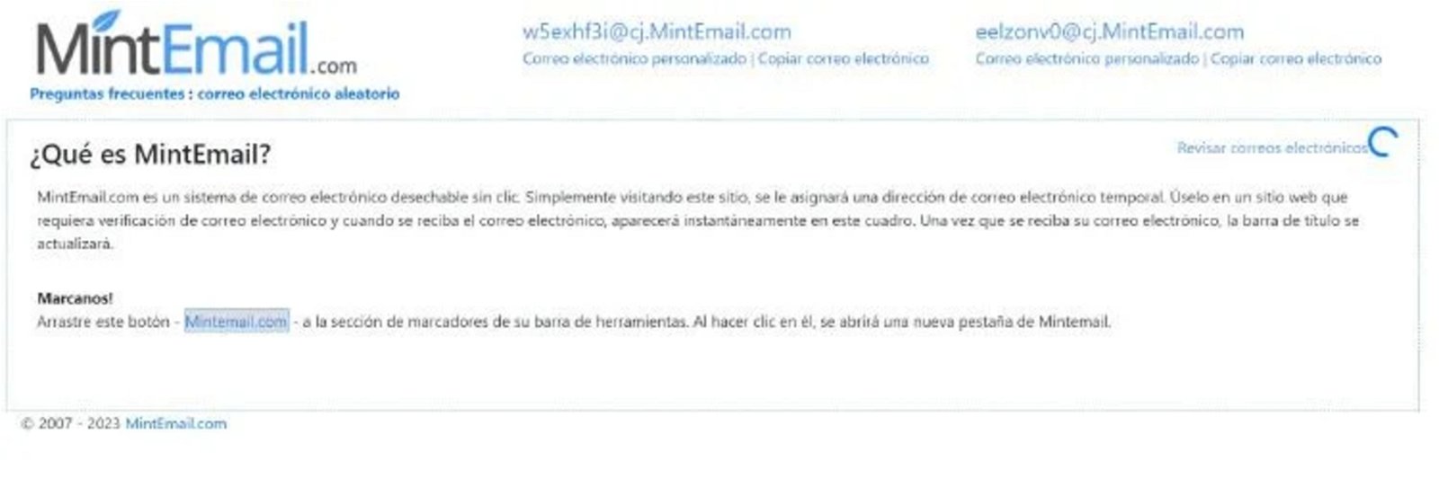 Captura de pantalla de la web MintEmail