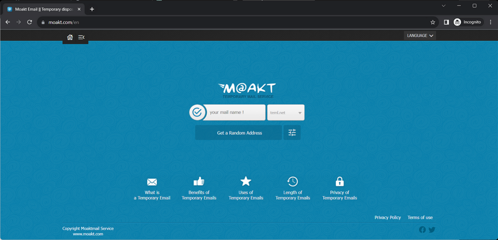 Página de inicio de la web Moakt
