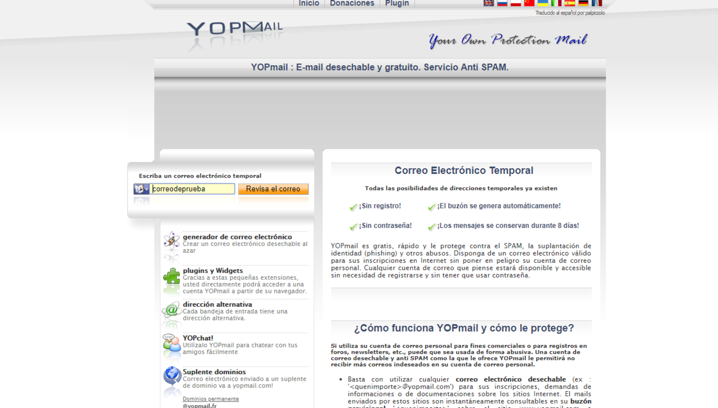 Página de inicio de la web YOPMail