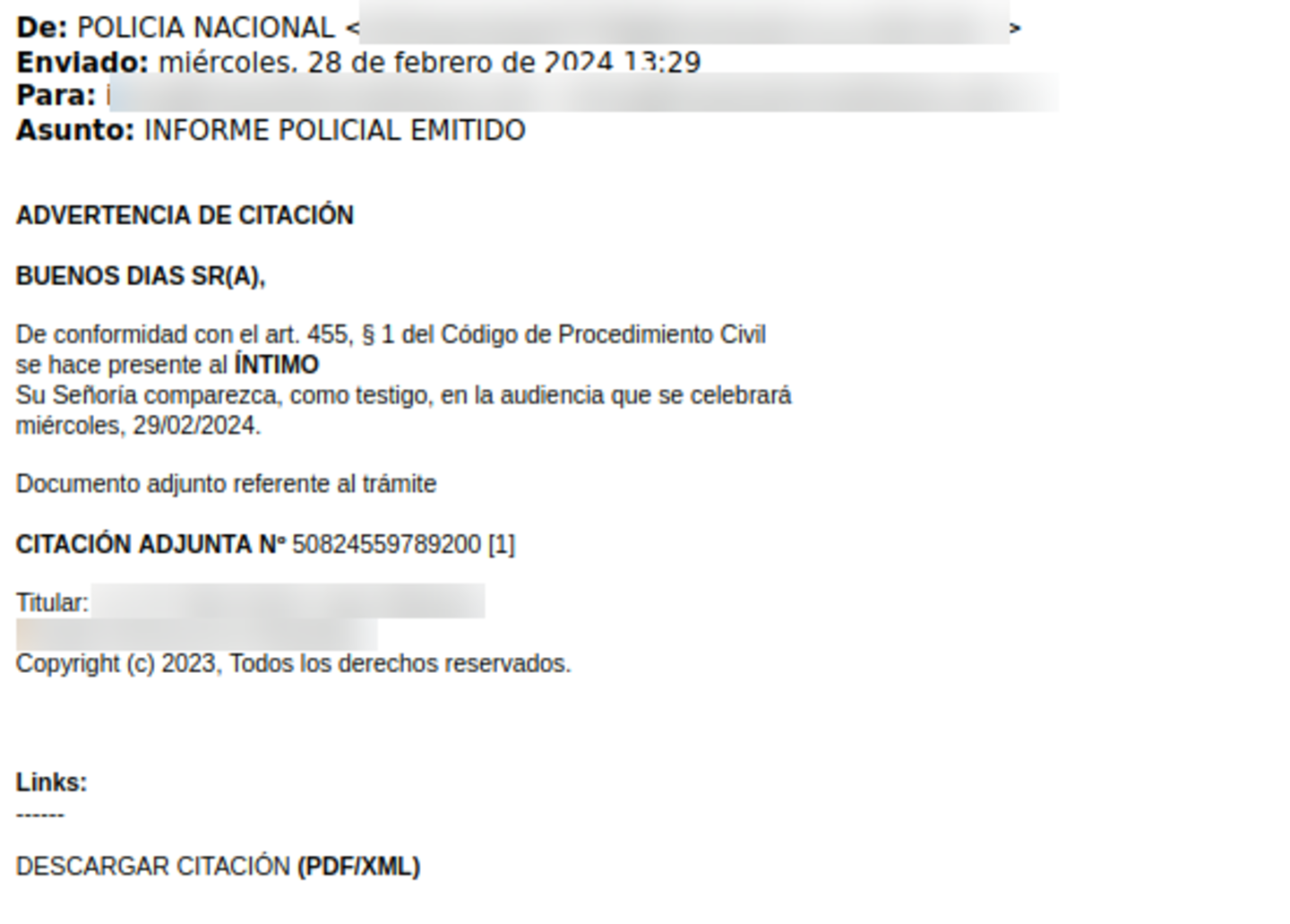 El falso correo de la policía que infecta tu dispositivo: no descargues la citación para la audiencia